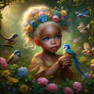 A magical scene featuring a light-skinned African-American toddl...