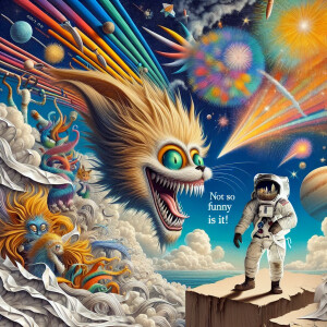 A cartoonish cat with wild, tan tufted hair, a wide grin reveali...