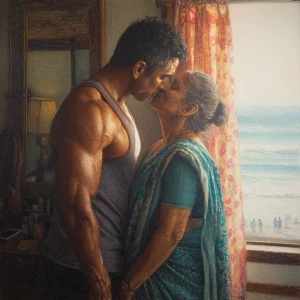 Hyperrealism painting.a muscular sweaty indian man standing in...