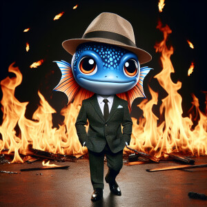 Fish in business suit and hat stay in flame