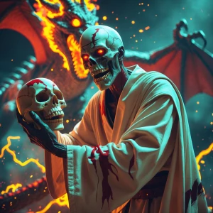 Painterly-styled, grainy analog movie still, dynamic angle. A skelton wearing  a vanilla  colored robe  with uneven teeth, holding an alien creature skull. His eyes blaze with fury, surrounded by darkness sizzling with electrical energy. He wears war paint in bold red and dark  streaks on his face. Massive dragon made of fire seen behind him. Dynamic pose, depth of field, motion blur effect and hard focus, cinematic, horror vibe.