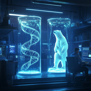 Design a futuristic laboratory scene in a realistic 3D-rendered...