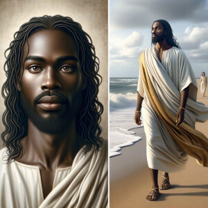 Create an image that combines two depictions of Jesus as an Afri...