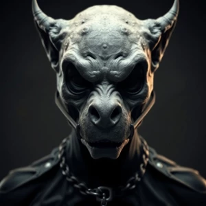 A sinister entity facing forward, its visage marred by a scold's...