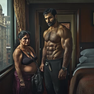 Rewlism,photo,a muscular, sweaty man entering a New York hotel r...