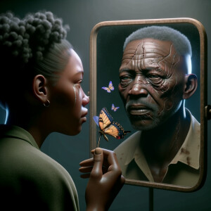 Create a 3-D realistic, adult african-American, female and male looking at themselves in the mirror but the child them has scars dirty crying and sad, with a falling butterfly