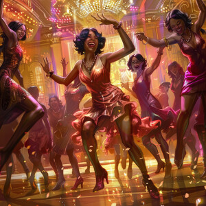 Picture a vibrant scene featuring Afro- Japanese American flappe...