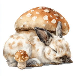 Fluffy rabbit sleeping peacefully, large spotted mushroom shelte...