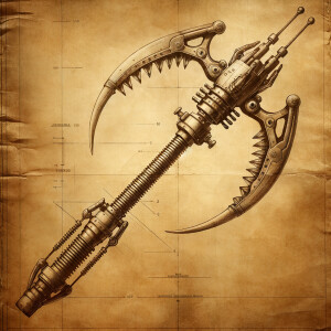 Aged parchment blueprint for a realistic alien probe, metal stic...