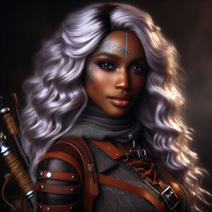 A beautiful huntress from the “Monster Hunter” series with dark...