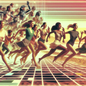 Group of women running down the beach h