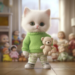 Realistic small white kitten wearing a neon green sweater wearin...