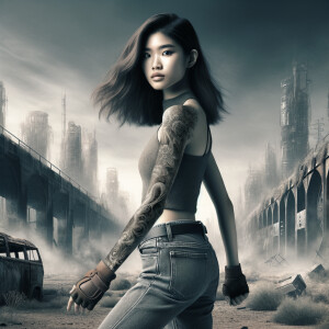 Thin Asian teen girl wearing tight jeans and a halter top Long brown hair and bangs, tattoos on her arms, athletic heroic pose