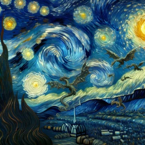 Create an image in the style of Van Gogh's "Starry Night," where...