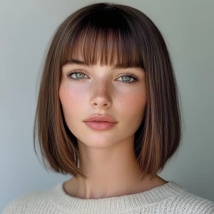 a woman, look to the camera, Straight bangs Hairstyle, Blunt, fo...