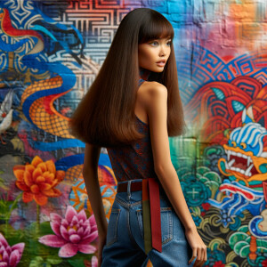 Attractive, Asian teenage girl, long brown hair and bangs, wearing tight skinny jeans and a halter top paint marks on her clothing, backside view heroic pose Asian graffiti