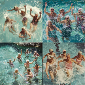 A lot of grandmothers jump into the pool