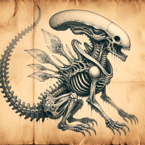 Alien creature illustrated on aged parchment with anatomical bon...