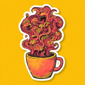 hand-drawn coffee cup overflowing with chaotic swirling steam tr...