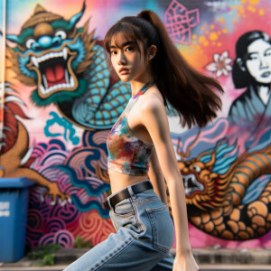 Very thin Athletic Thin skinny Attractive, Asian teenage girl, long brown hair and bangs, wearing tight skinny jeans and a halter top paint marks on her clothing, heroic sideways pose Asian graffiti background