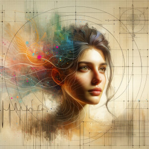 Abstract, minimalist, art cardiogram, charts complex, mathematical formulas, spontaneous lines, and paint marks, paint in hair, golden ratio