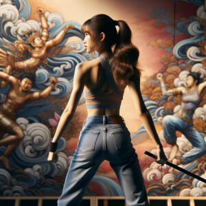 Athletic Thin skinny Attractive, Asian teenage girl, long brown hair and bangs, wearing tight skinny jeans and a halter top paint marks on her clothing, heroic pose Asian graffiti background, backside view