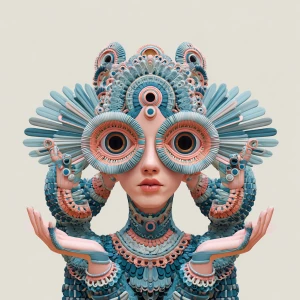 A woman with huge eyes and multiple arms, symmetrical body, colo...