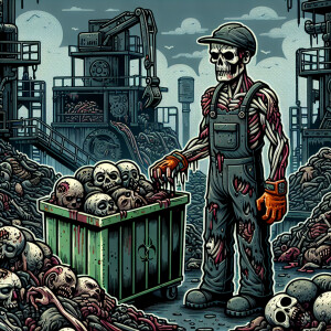 A newly turned zombie working at a recycling plant full of human...