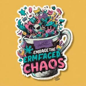 Create a sticker for A vibrant illustration of a coffee cup over...