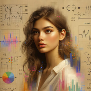 Abstract, minimalist, painting, with pencil line, paint stroke, gestures, colorful marks, mathematical equations, electrical cardiogram, printouts complex math formulas, dna asian teen girl