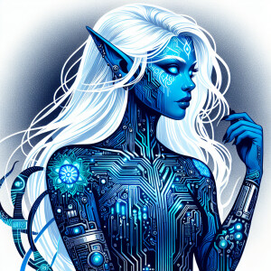 A nude blue-skinned female elf with glowing white hair, glowing...