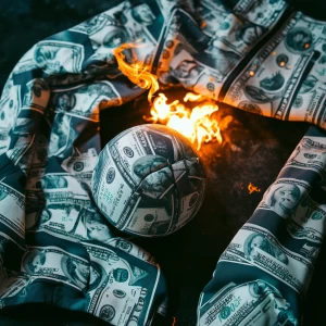 Create a realistic photo of sportswear with a lit cannonball and...