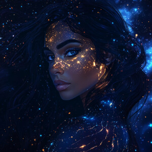 A realistic vector portrait of a woman with bioluminescent tatto...