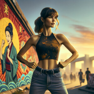 Athletic Thin skinny Attractive, Asian teenage girl, long brown hair and bangs, wearing tight skinny jeans and a halter top paint marks on her clothing, heroic pose Asian graffiti background, backside view