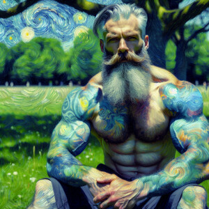 a powerful and self-assured bodybuilder sporting a striking gray...