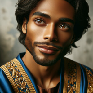 Create handsome African-American, Jesus, with Hazel Brown eyes wearing a blue and gold robe