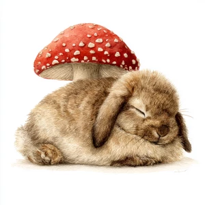 Fluffy brown rabbit sleeping under red spotted mushroom, soft wa...