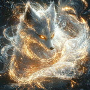 Create an image of a kitsune with nine glowing tails, each emitt...