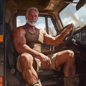 A muscular, older man with a well-groomed gray beard and short, salt-and-pepper hair sits confidently in the cab of a rugged truck. He’s wearing a snug brown tank top that shows off his bulging arms and broad shoulders, paired with tan cargo shorts that highlight his strong, athletic legs. His work boots, scuffed and worn from years of use, rest on the floor of the truck. The man exudes a rugged, seasoned vibe, with a hint of a smile as he grips the steering wheel, ready to hit the road. The truck’s interior is practical and well-used, with a few personal touches like a hanging air freshener and a coffee thermos in the cup holder