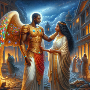 Create an oil painting image featuring a male angel and a grievi...