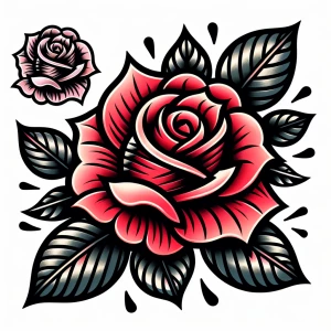 A colorful tattoo-inspired rose, its petals outlined in bold bla...