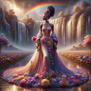 Remix Prompt
S/O Jackie Torres
S/O Panda Locke

create a animated style hyper realistic airbrush whimsical oil painting of a light African American woman wearing a flawless beautiful purple, pink, and gold blossom dress long flowing with colorful flowers and ruffles on the dress colorful jewelry made of flowers she has long black dreadlocks in a bun a colorful rose in her hair her peep toe shoes is matching her dress behind her is a beautiful waterfall liquid glowing lights beautiful colorful rainbow surrounded by beautiful roses.