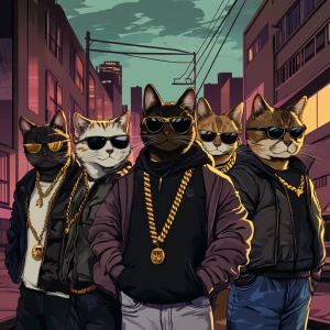 A group of cool gangster cats in an urban environment, wearing s...
