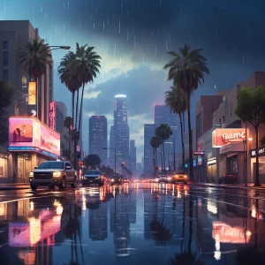 Create an image of Los Angeles in the evening after a rainfall,...