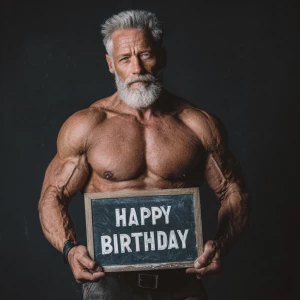 A muscular bodybuilder with silver hair and a beard, holding a s...