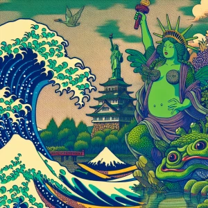 Nude Humanoid froggirl with large breasts posing in shallow pond...