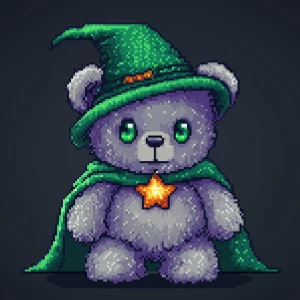 Create a pixel art character of a cute, grey teddy bear with lar...