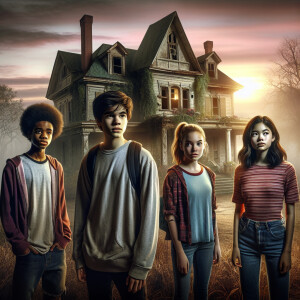 Four teenagers are standing outside an abandoned mansion at dawn