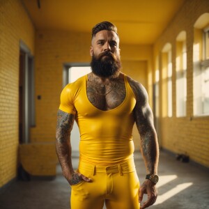 A bearded, muscular man confidently stands with his hands in his...