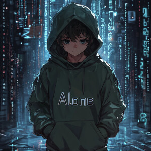 A confident anime-style coder boy named Alone standing tall, wit...